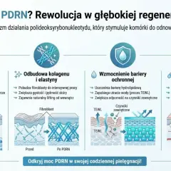 PDRN co to? Grafika pokazuje, jak polideoksyrybonukleotydy (PDRN) stymulują regenerację skóry: od inteligentnej stymulacji receptorów, przez odbudowę kolagenu, wzmocnienie bariery ochronnej, po ekspresowe gojenie i angiogenezę.