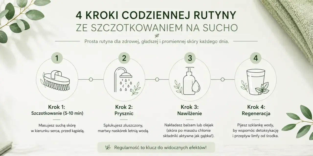4 kroki do gładkiej skóry: szczotkowanie na sucho, prysznic, nawilżenie i regeneracja. Prosta rutyna dla zdrowej cery.